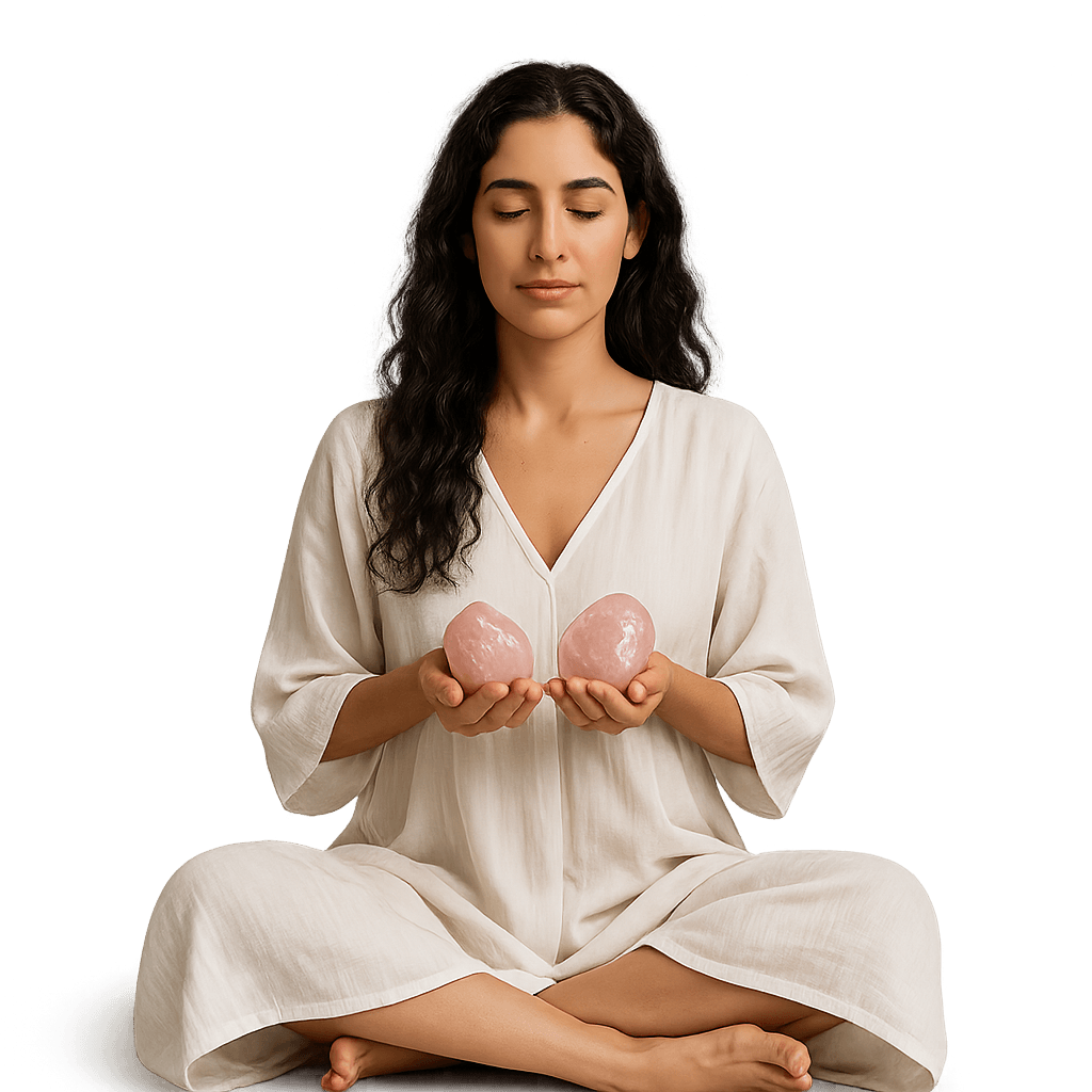 אישה במדיטציה עם קריסטלים